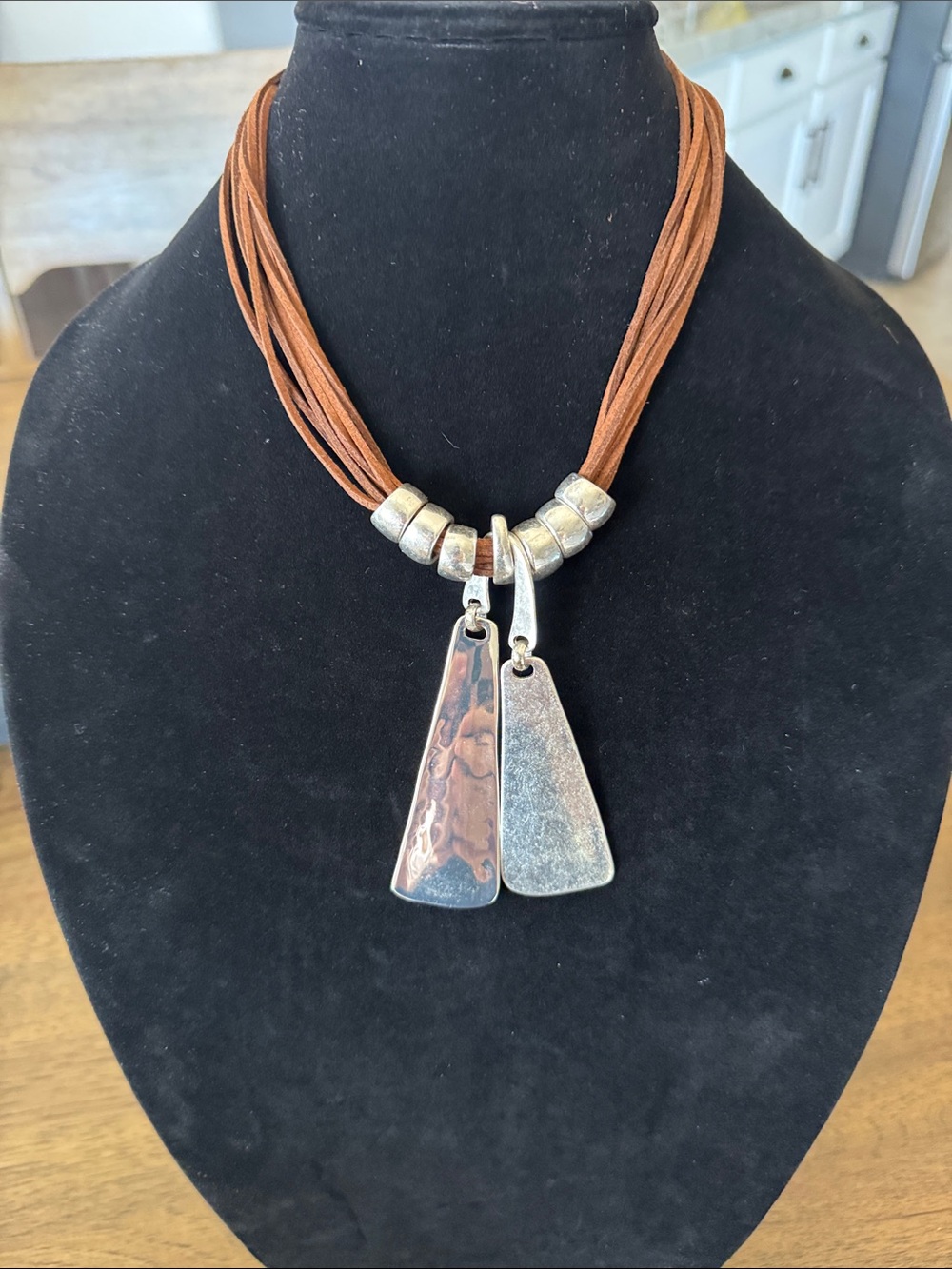 Brown Cord Necklace with Silver Pendants